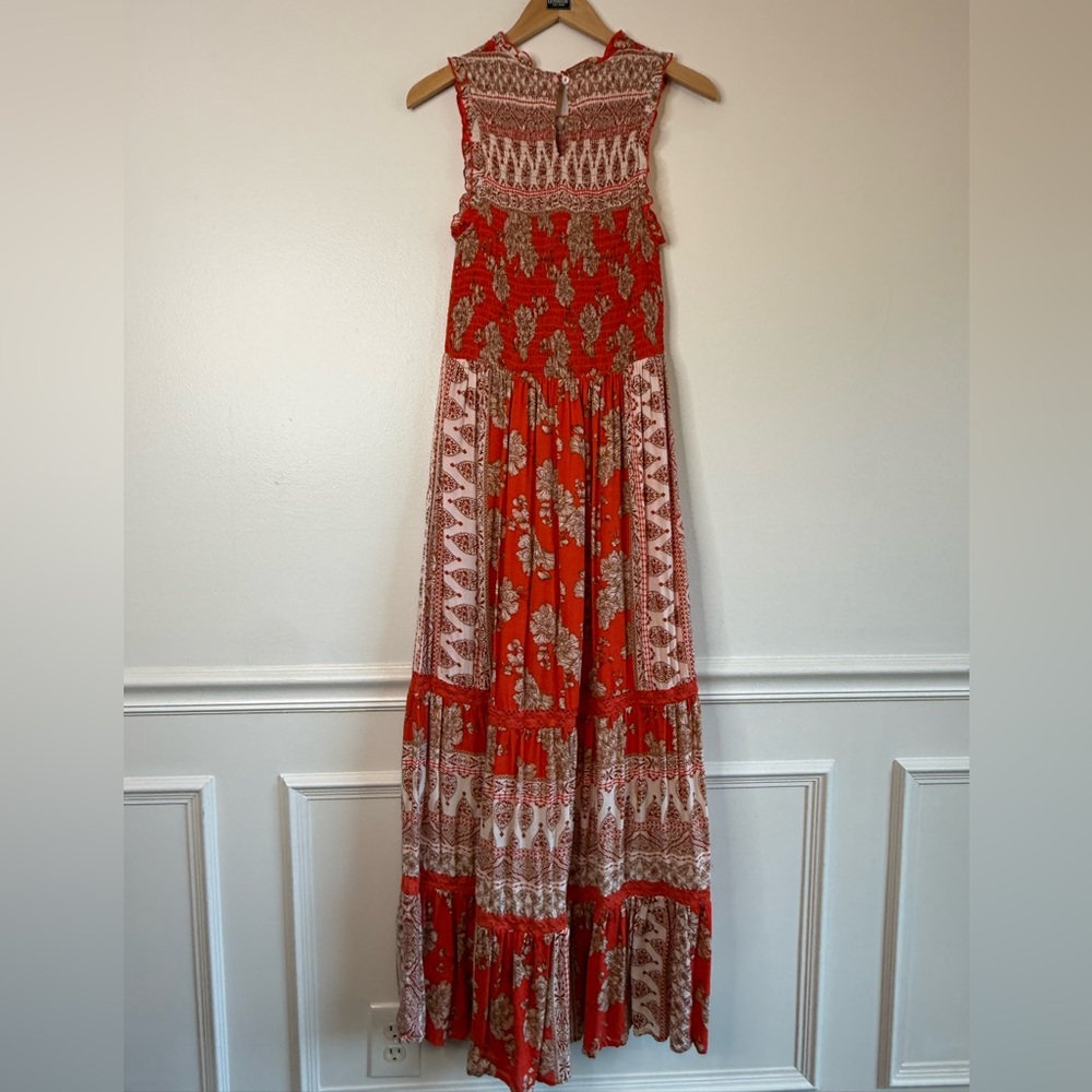 Versona Smocked Modal Floral Full Length Tiered Maxi Dress Orange Women’s Small - Picture 5 of 9
